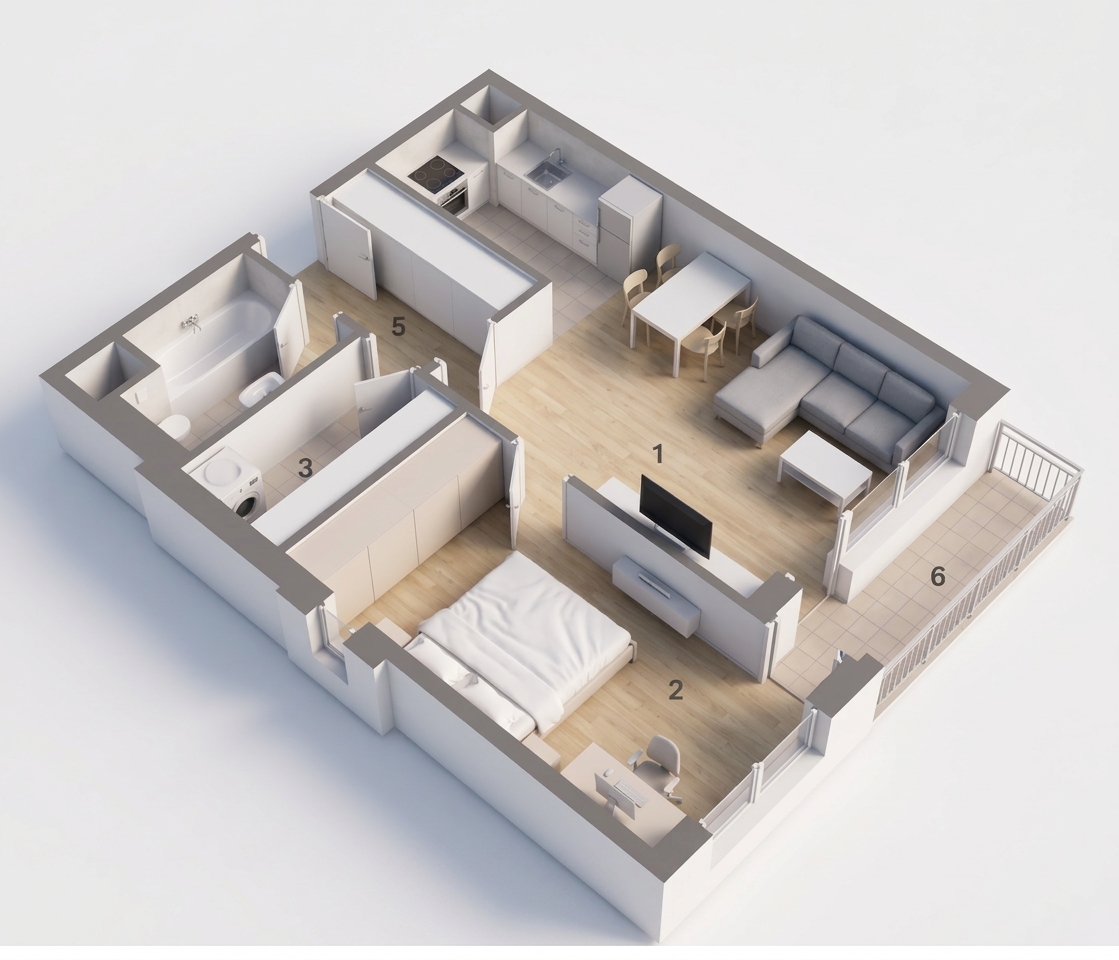 3D model bytu z ptačí perspektivy